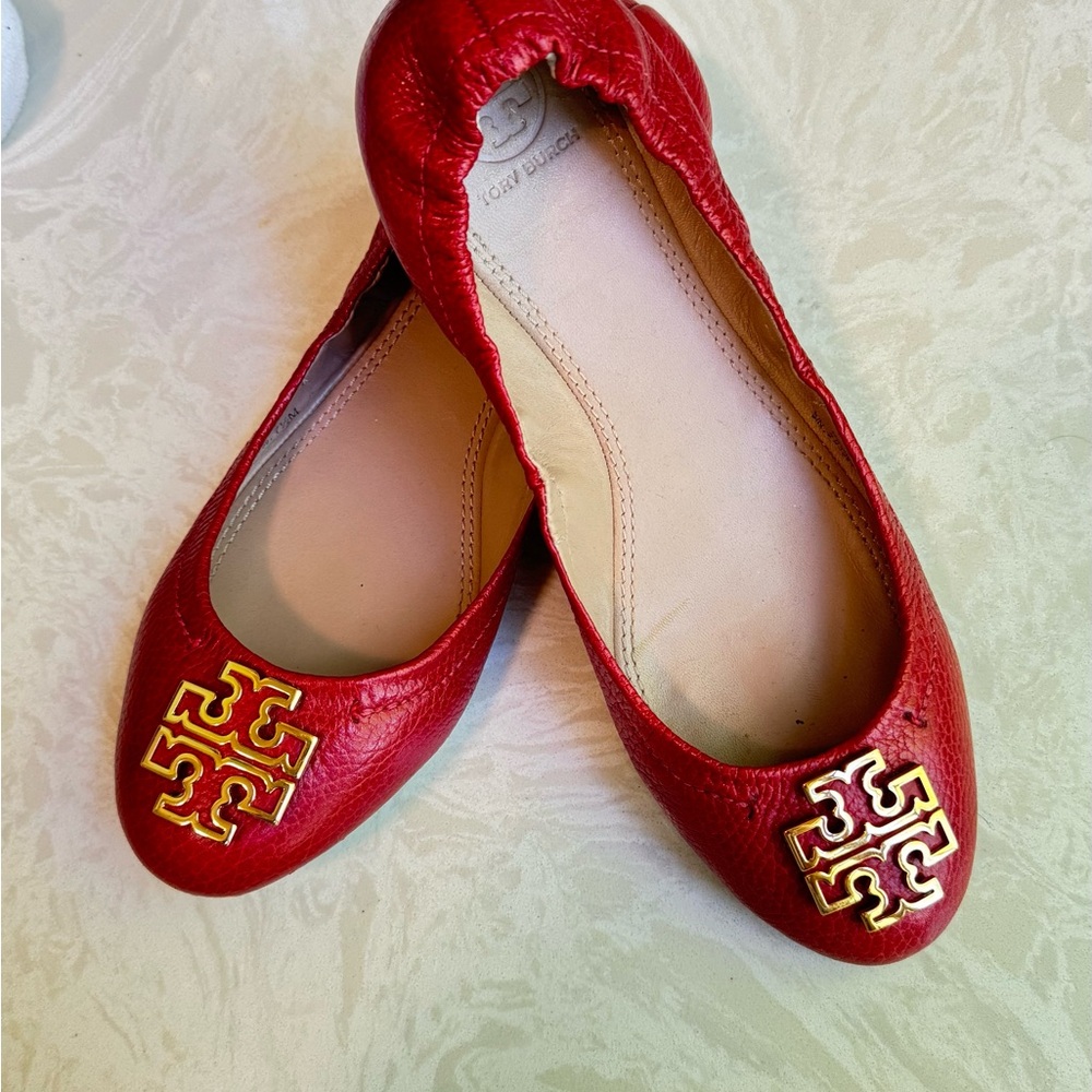 Tory Burch Melinda Red Ballet Flat with Elegant Gold Detail